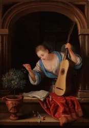 Uma jovem mulher com uma guitarra em um nicho de janela